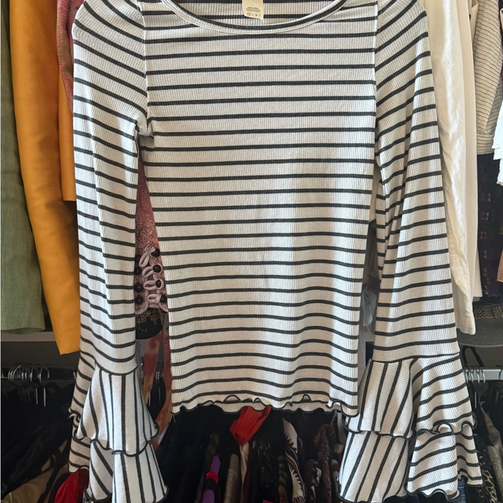 We The Free Black and White Striped Flare Sleeve Blouse